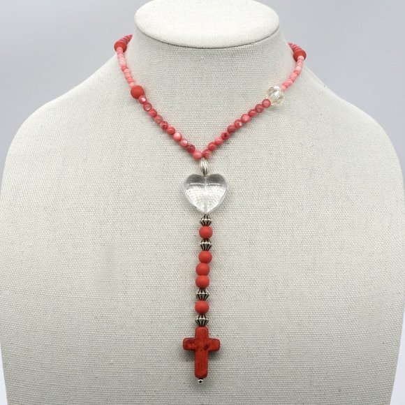 Necklace with Coral beads, Silver Accents and Stone Cross. - Picture 3 of 3